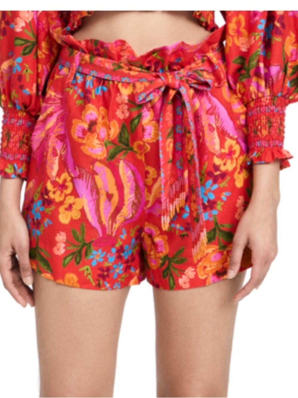 Farm Rio XS Paperbag Shorts Linen Blend in Red Spring Bananas with Belt